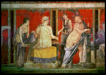 Ministrant portant un plateau de nourriture avec Silène jouant de la lyre et un jeune satyre jouant du syrinx, mur nord, Oecus 5, 60-50 av. J.-C.